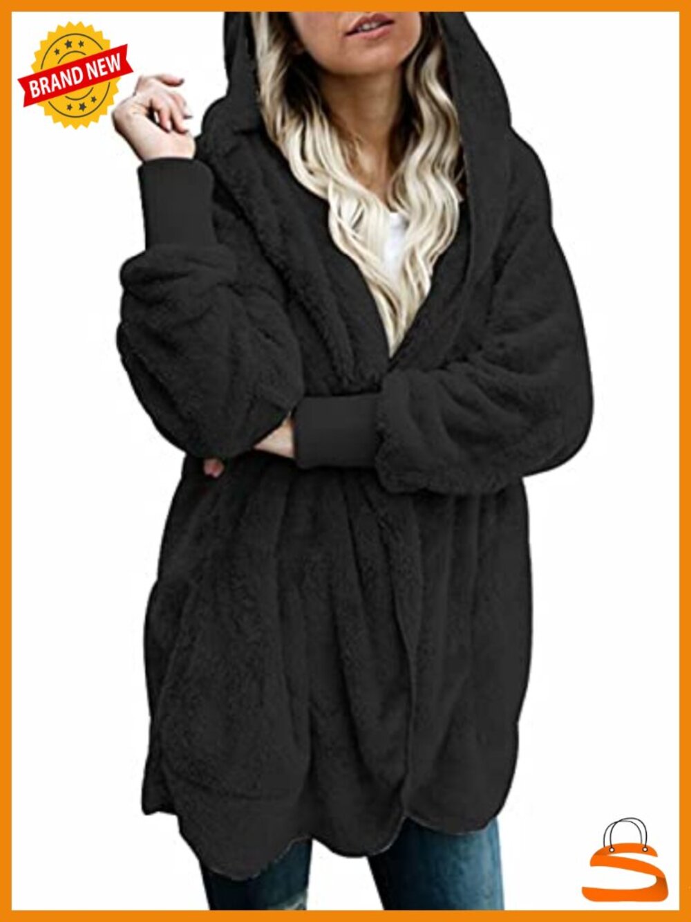 Fuzzy Fleece Open Front Hooded Cardigan Jacket with Pockets Oversized